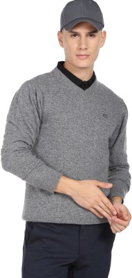 Arrow Sport Solid V Neck Casual Men Grey Sweater