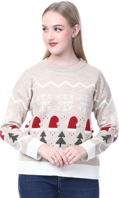 NOQUO Printed Round Neck Casual Women Beige Sweater