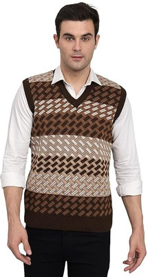 MUSKAN KNITWEAR Checkered V Neck Casual Men Black Sweater