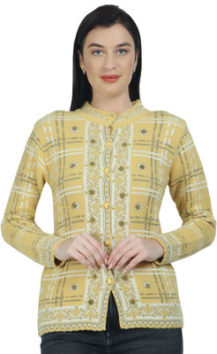HITTIKA Checkered Collared Neck Casual Women Yellow Sweater