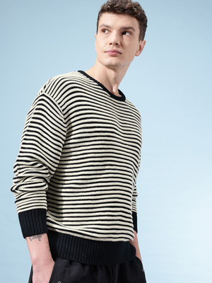 Glitchez Striped Round Neck Casual Men Black, Beige Sweater