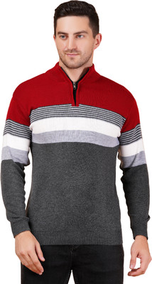 FUKUSO Striped Collared Neck Casual Men Grey Sweater