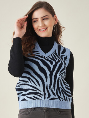 Modeve Animal Print V Neck Casual Women Light Blue Sweater