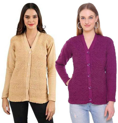 Shunit creation Printed V Neck Casual Women Beige, Purple Sweater