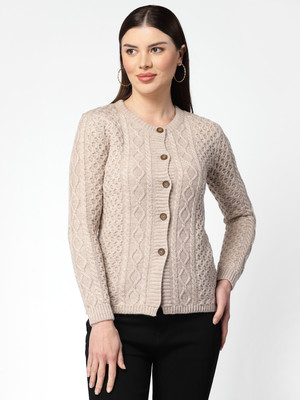 KALT Self Design Round Neck Casual Women Beige Sweater