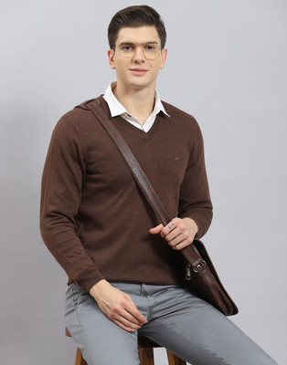 MONTE CARLO Solid V Neck Casual Men Brown Sweater