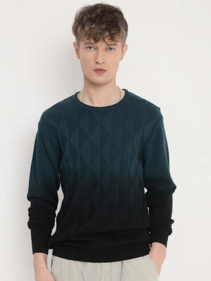 SHOWOFFFF Self Design Round Neck Casual Men Blue Sweater