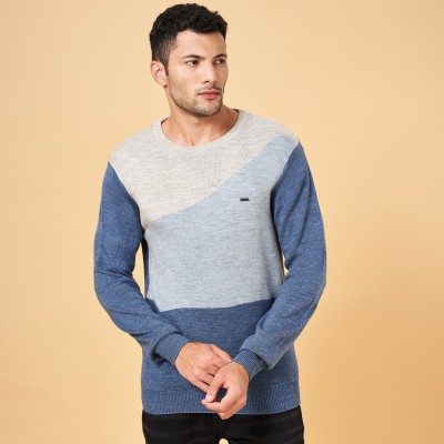 Byford by Pantaloons Self Design Round Neck Casual Men Blue Sweater