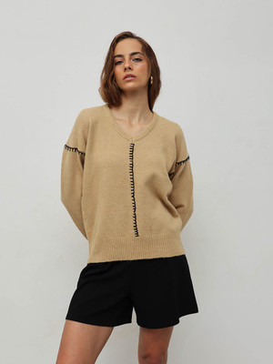 STREET9 Solid V Neck Casual Women Beige Sweater