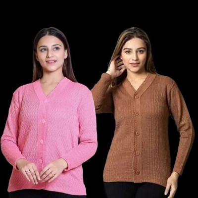 LUXURIOUS DESIGN Solid V Neck Casual Women Brown, Pink Sweater