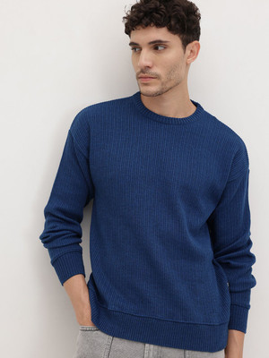 Roadster Solid Round Neck Casual Men Blue Sweater