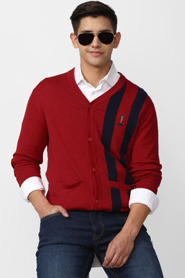 PETER ENGLAND Self Design V Neck Casual Men Red Sweater
