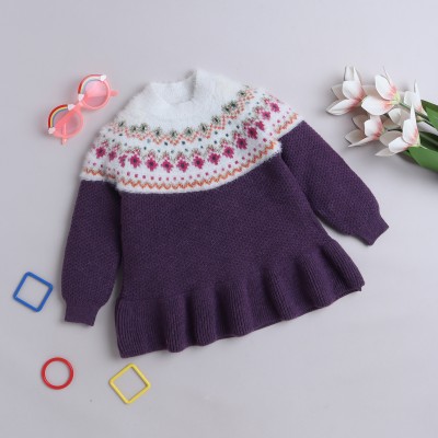 Yellow Apple Self Design Round Neck Casual Girls Purple Sweater