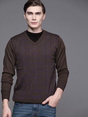 Raymond Self Design V Neck Casual Men Brown Sweater