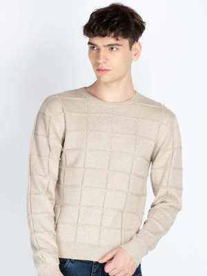 Status Quo Solid Round Neck Casual Men Beige Sweater