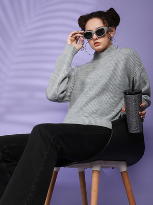 Roadster Self Design Round Neck Casual Women Grey Sweater