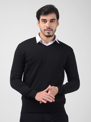 NUMERO UNO Solid V Neck Casual Men Black Sweater