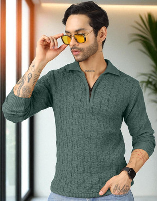 Plus91 Self Design Collared Neck Casual Men Green Sweater