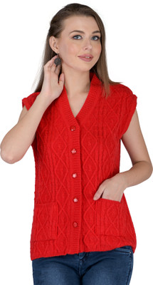 lady willington Self Design V Neck Casual Women Red Sweater