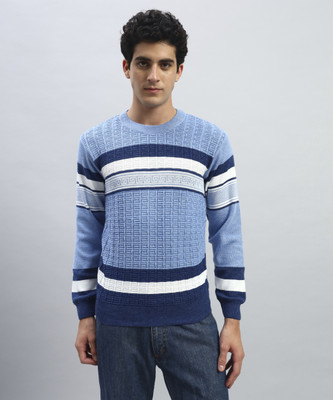 TWOCRAZIIE Striped Round Neck Casual Men Blue, White Sweater