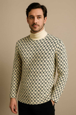 KNOTRIX Geometric Print High Neck Casual Men Yellow Sweater