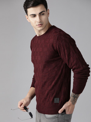 Roadster Self Design Round Neck Casual Men Maroon Sweater