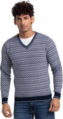 PARX Woven V Neck Casual Men Grey Sweater