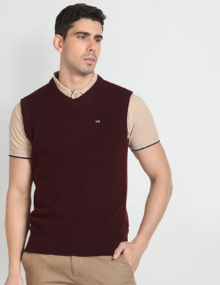 Arrow Sport Self Design V Neck Casual Men Red Sweater