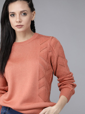 Roadster Solid Round Neck Casual Women Pink Sweater