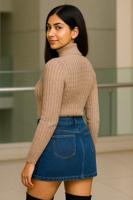 SKG Herringbone High Neck Casual Women Brown Sweater
