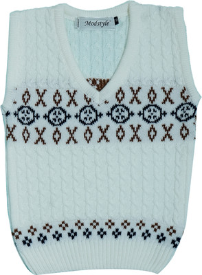 Modstyle Self Design V Neck Casual Baby Boys White Sweater