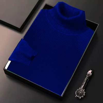 FASHLOOK Solid High Neck Casual Men Blue Sweater