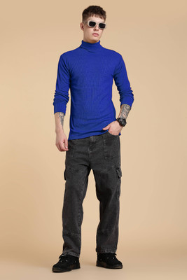 FASHLOOK Solid High Neck Casual Men Blue Sweater