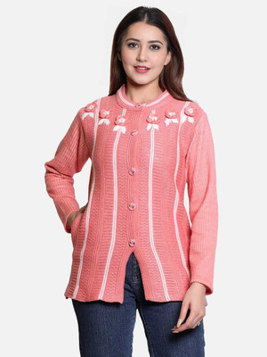 MANAVINTERNATIONAL Embroidered Round Neck Casual Women Pink Sweater