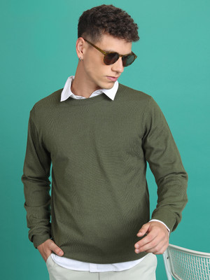 HIGHLANDER Solid Round Neck Casual Men Green Sweater