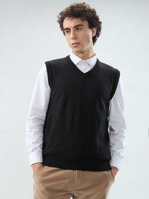 Raymond Solid V Neck Casual Men Black Sweater