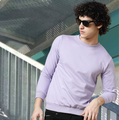 RIGO Solid Round Neck Casual Men Purple Sweater
