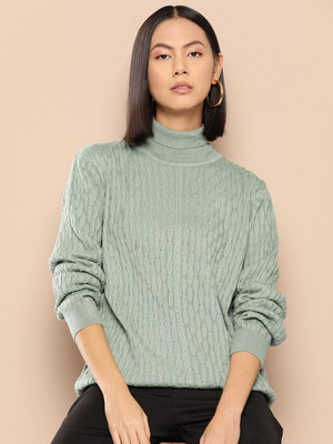 her by invictus Self Design Turtle Neck Casual Women Green Sweater