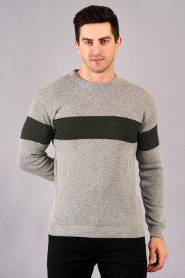 AXOLOTL Striped Crew Neck Casual Men Grey Sweater