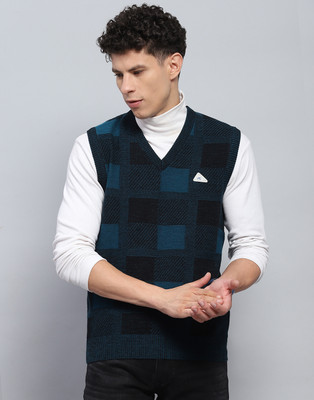 MONTE CARLO Colorblock V Neck Casual Men Dark Blue Sweater