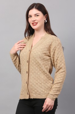 Thansmay kleider Self Design V Neck Casual Women Beige Sweater