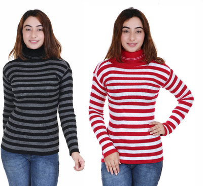 adibaba Striped High Neck Casual Women Grey, Red Sweater