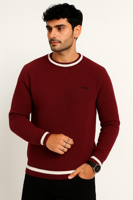 WULVEE Self Design Round Neck Casual Men Maroon Sweater