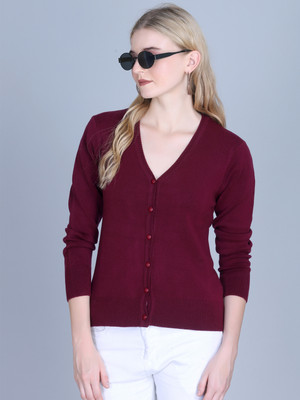 OBAAN Solid V Neck Casual Women Maroon Sweater