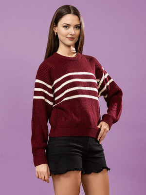 CHEMISTRY Striped, Self Design Round Neck Casual Women Maroon Sweater