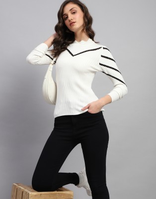 MONTE CARLO Striped Round Neck Casual Women White Sweater