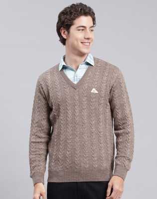 MONTE CARLO Self Design V Neck Casual Men Brown Sweater