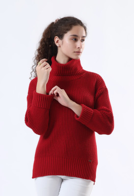 WOOLBERRY Striped High Neck Casual Women Maroon Sweater