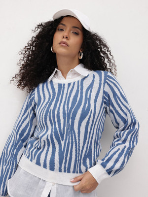 Roadster Printed Round Neck Casual Women White Sweater