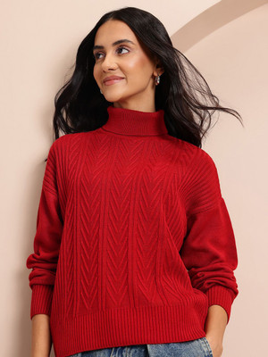 Mast & Harbour Self Design Turtle Neck Casual Women Red Sweater